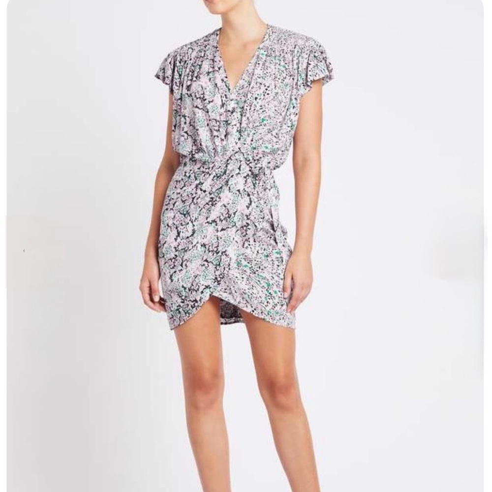 IRO $370 Manza Printed Smocked True Wrap Flutter Sleeve Mini Dress Size 36 US S